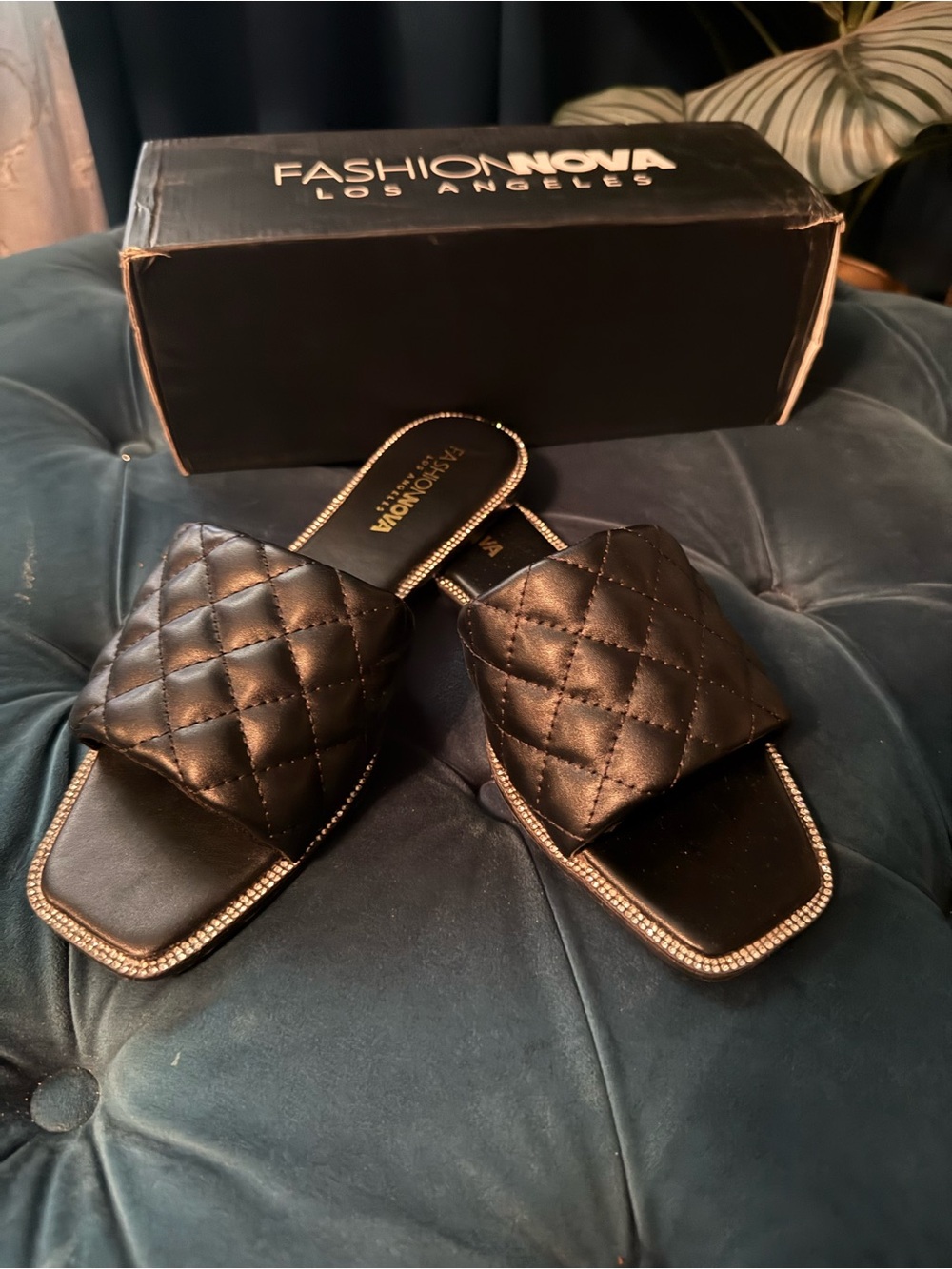 Fashion Nova Black Quilted Slide Sandals with Rhinestone Edge